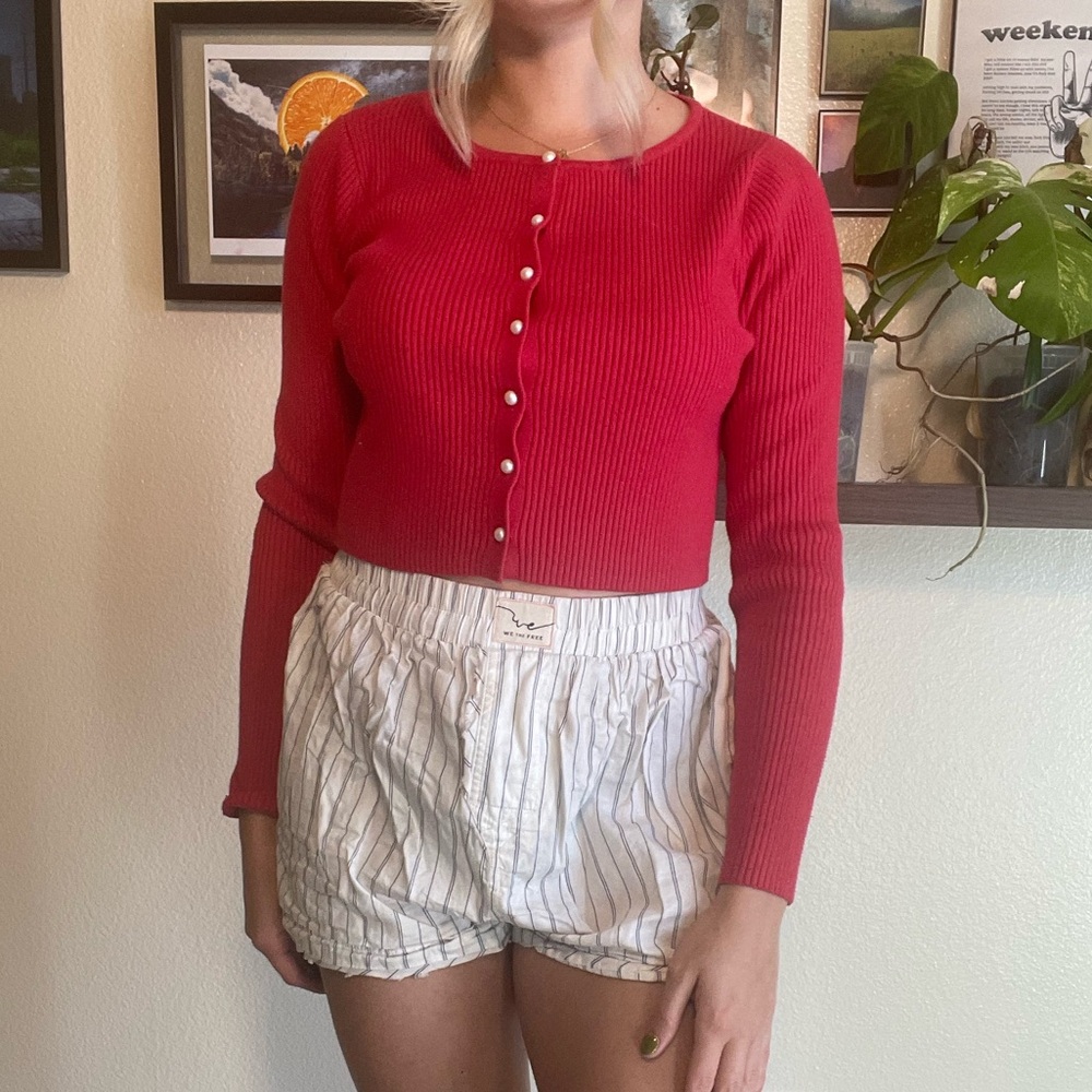 Soft Girl Red Ribbed Cardigan with Striped Shorts by Target